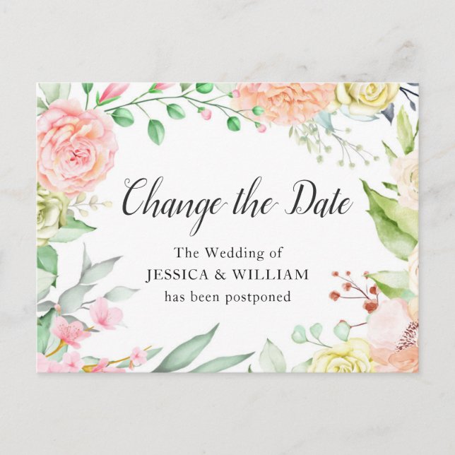 Carte Postale Mariage Modifier la date Elegant Blush Roses (Devant)