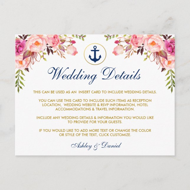 Carte Postale Mariage nautique Détails Floral Blue Insert Card P (Devant)