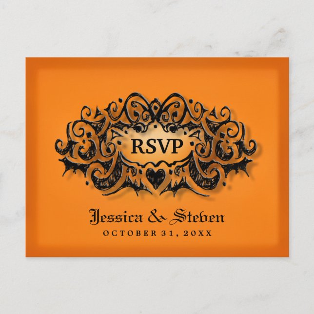 Carte postale Mariage noir orange gras RSVP Hallow (Devant)