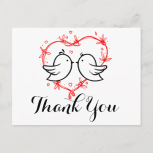 Carte Postale Mariage Oiseaux de l'Amour Merci Noirs Cœurs Rouge