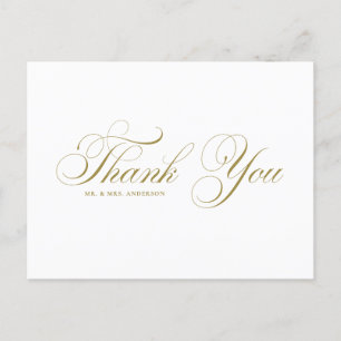 Carte Postale Mariage or élégant Flourish Script Merci