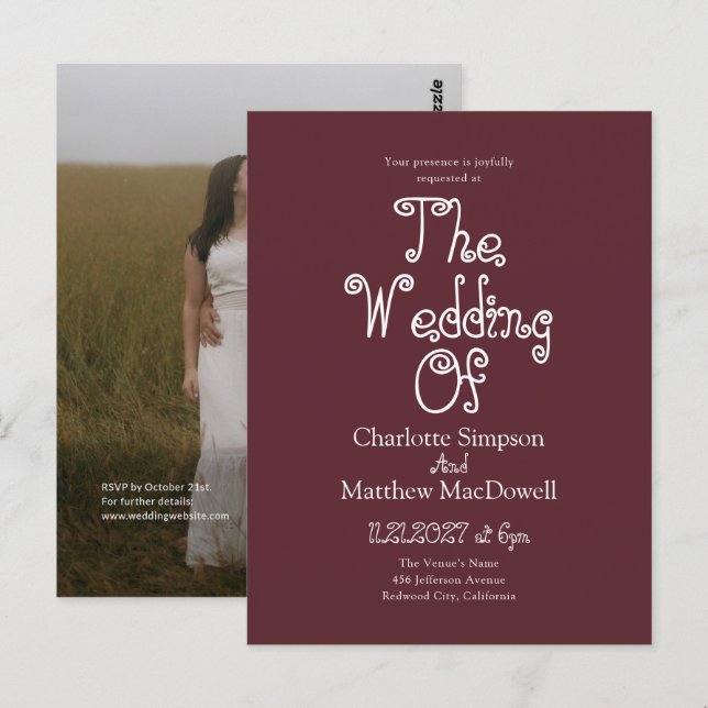Carte Postale Mariage pas cher Fancy 2 Photo Code QR Bordeaux (Devant / Derrière)