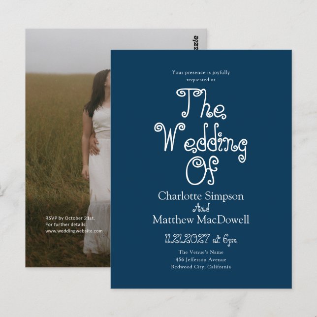 Carte Postale Mariage pas cher Fancy 2 Photo QR Code Bleu Hiver (Devant / Derrière)