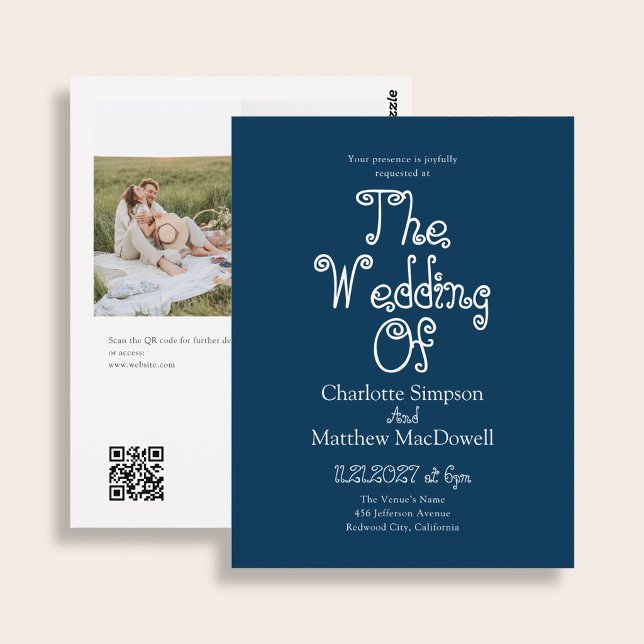Carte Postale Mariage pas cher Fancy Photo QR Code Bleu Hiver (Créateur téléchargé)