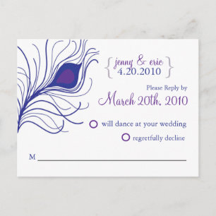 Carte postale Mariage Peacock RSVP bleu violet
