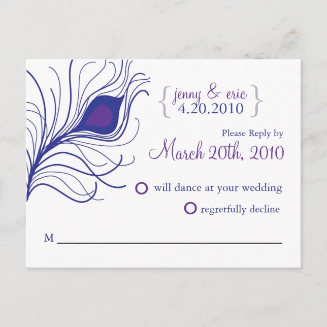 Carte postale Mariage Peacock RSVP bleu violet (Devant)