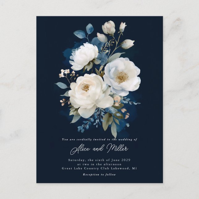 Carte Postale Mariage Peony bleu et blanc (Devant)