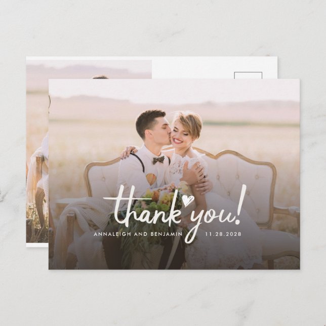 Carte Postale Mariage Photo Amour Cœur Script Merci (Devant / Derrière)