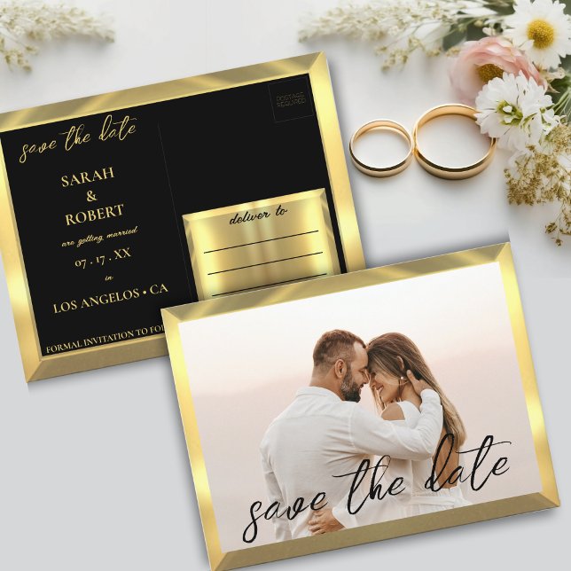 Carte Postale Mariage photo Black & Gold (Black & Gold Photo Wedding Postcard)