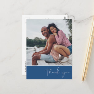 Carte Postale Mariage Photo Bleu Script Remerciement