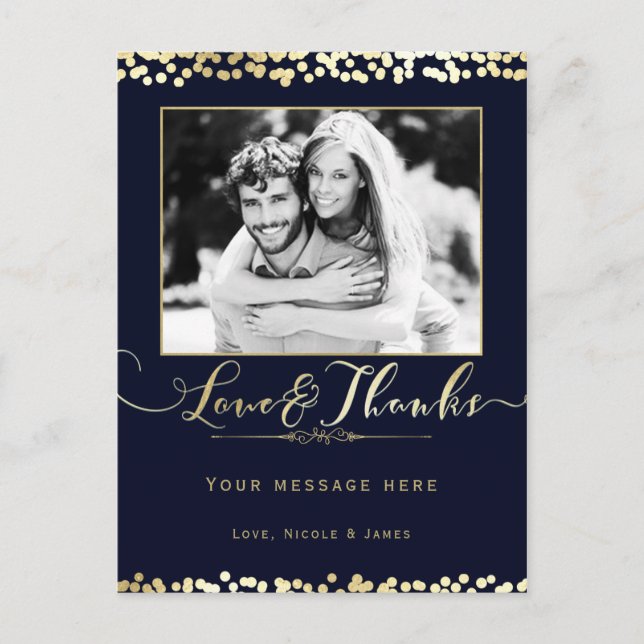 Carte Postale Mariage photo Blue & Gold Confetti Merci (Devant)