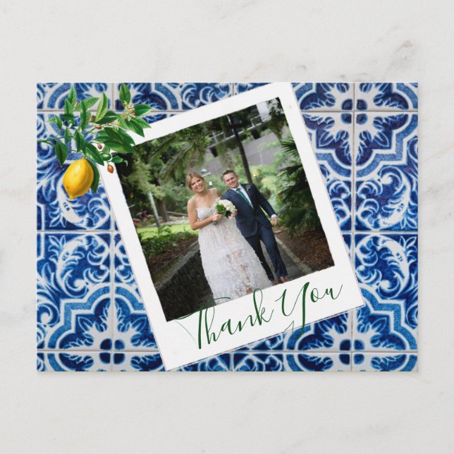 Carte Postale Mariage Photo Citron Bleu Carrelage Elégant Merci (Devant)