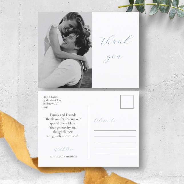 Carte Postale Mariage photo Dusty Blue Script tendance Merci (Créateur téléchargé)
