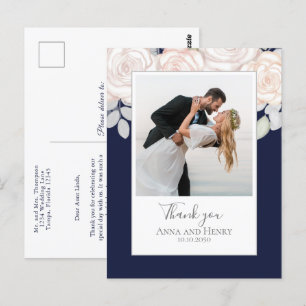 Carte Postale Mariage Photo Elegant Merci bleu marine
