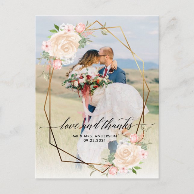 Carte Postale Mariage photo Gold Geo Frame Peach Photo Merci (Devant)