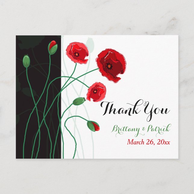 Carte postale mariage PHOTO Merci | Poppies rouges (Devant)