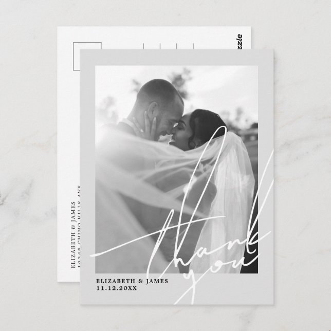 Carte Postale Mariage photo noir et blanc Merci (Devant / Derrière)