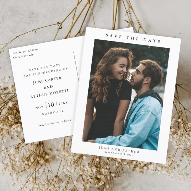 Carte Postale Mariage photo simple Enregistrer la date (Simple typographic photo wedding save the date postcard.)