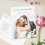 Carte Postale Mariage photo simple et chic Merci<br><div class="desc">Ce mariage photo simple et chic grâce à votre modèle de carte postale présente un design élégant, minimaliste et moderne. L'avant présente votre photo préférée, vos prénoms et un message 'LOVE and THANKS' transmis avec un mélange frappant de deux polices distinctes, avec 'and' dans un script léger et fluide entre...</div>