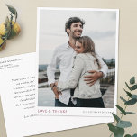 Carte Postale Mariage photo simple et moderne Bourgogne Merci<br><div class="desc">Ce mariage photo moderne et simple, élégant, vous remercie modèle de carte postale avec vos noms sous votre photo, ainsi que 'LOVE & THANKS' mis en valeur dans une élégante teinte bordeaux. L'autre texte des deux côtés est un noir légèrement adouci par défaut. Vous pouvez choisir de modifier la police,...</div>