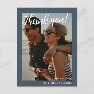 Carte Postale Mariage photo simple Merci bleu