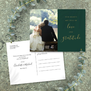 Carte Postale Mariage photo vert et or Script Merci