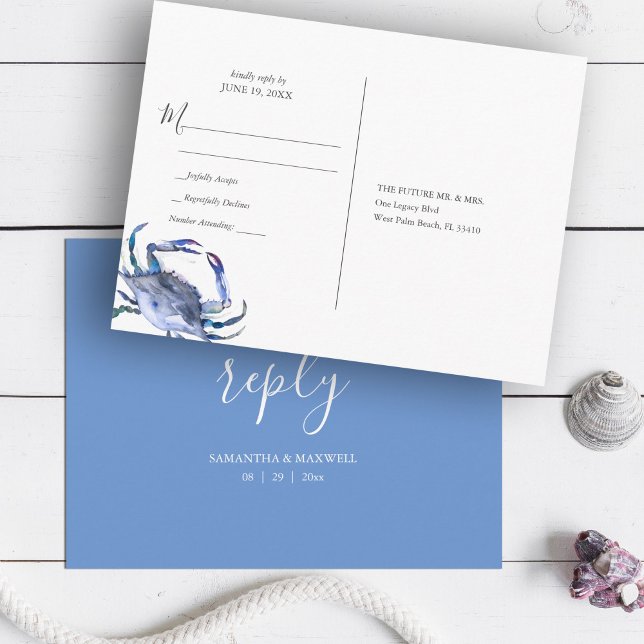 Carte Postale Mariage plage RSVP aquarelle Crabe bleu (wedding RSVP Postcard Beach  Blue Crab Watercolor art by Victoria Grigaliunas Do Tell A Belle)