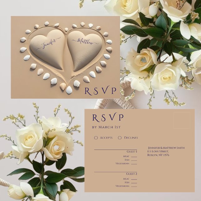Carte Postale Mariage plage RSVP- Coeurs de sable (Beach Wedding RSVP- Sand Hearts Postcard )