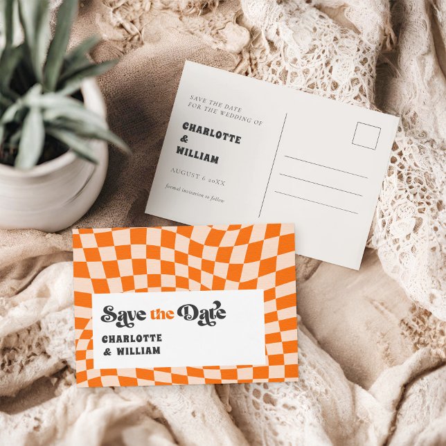 Carte Postale Mariage rétro À damiers super Enregistrer la date (Créateur téléchargé)