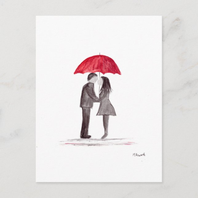Carte Postale Mariage romantique avec parapluie rouge aquarelle (Devant)