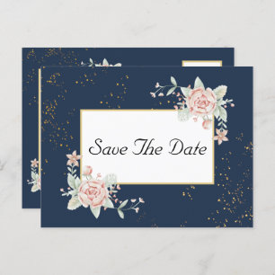 Carte Postale Mariage Rose Bleu Marine Enregistrer La Date