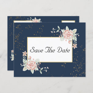 Carte Postale Mariage Rose Bleu Marine Enregistrer La Date