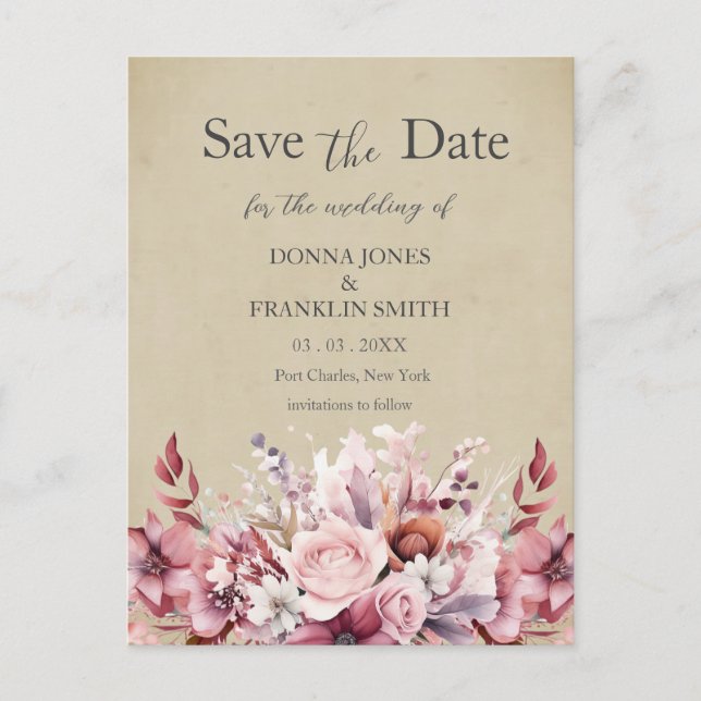 Carte Postale Mariage rose Dusty moderne Enregistrer la date (Devant)