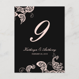 Carte Postale Mariage rose Peacock Floral Paisley Numéro de tabl