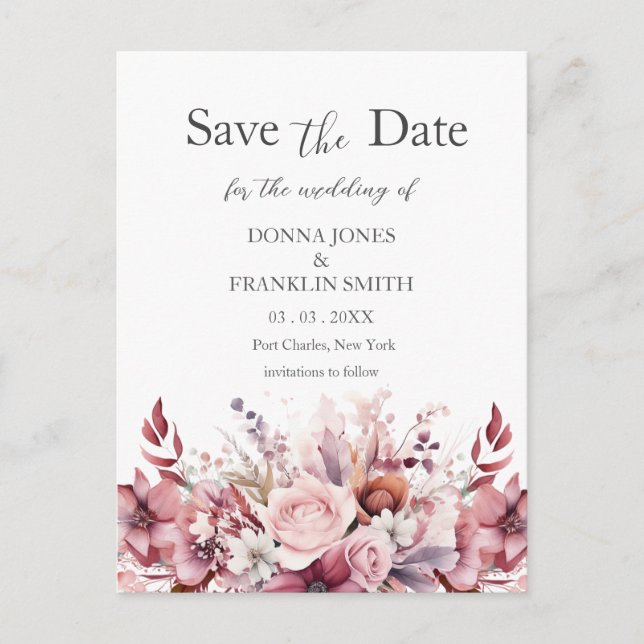 Carte Postale Mariage rose Rose Dusty moderne Enregistrer la dat (Devant)