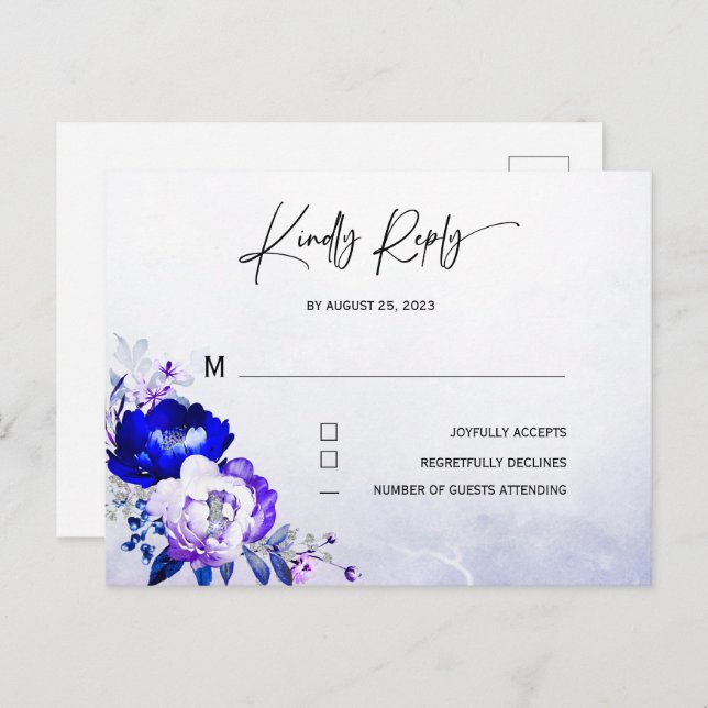 Carte Postale Mariage Royal bleu et violet RSVP (Devant / Derrière)