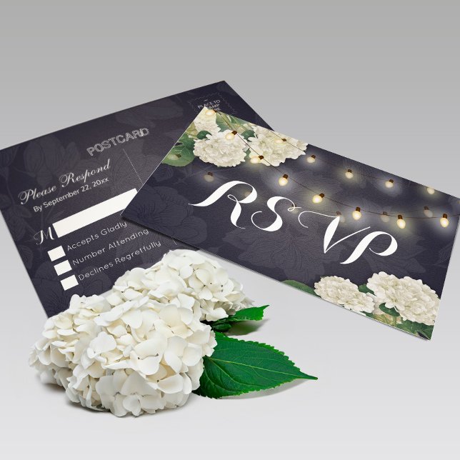 Carte Postale Mariage RSVP Hydrangea Fleurs String Lumières Bleu (Créateur téléchargé)