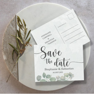 Carte Postale Mariage rustique Eucalyptus vert SAVE THE DATE