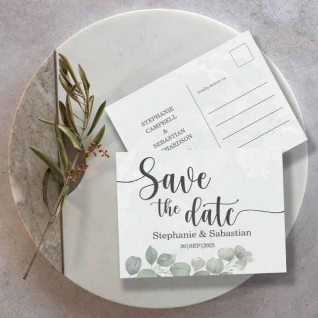 Carte Postale Mariage rustique Eucalyptus vert SAVE THE DATE (Créateur téléchargé)
