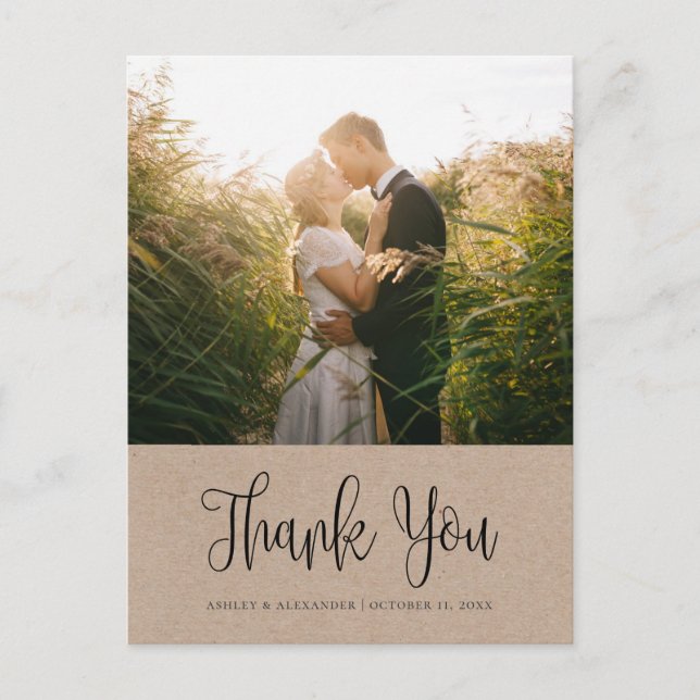 Carte Postale Mariage rustique moderne. Merci calligraphie Kraft (Devant)