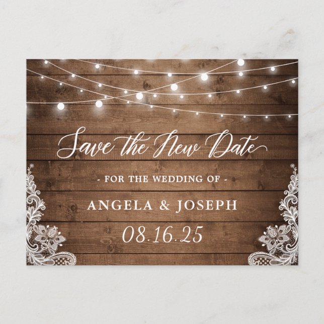 Carte Postale Mariage Sauvez la nouvelle date Rustic Twinkle Lig (Devant)