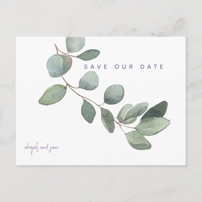 Carte Postale Mariage simple Eucalyptus Lavender Enregistrer la  (Devant)
