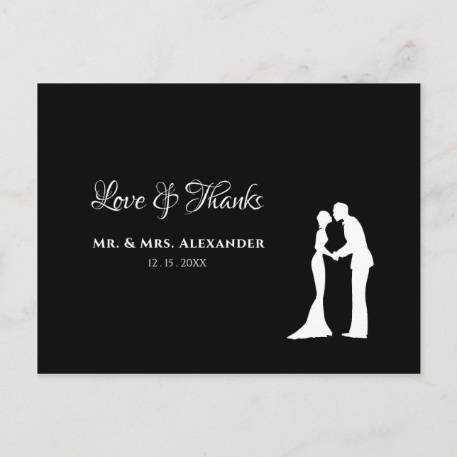 Carte Postale Mariage simple, Merci noir, mariée blanche (Devant)