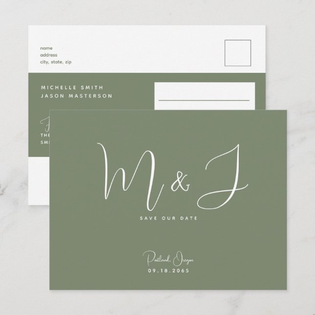Carte Postale Mariage simple moderne Sage Enregistrer la date (Devant / Derrière)