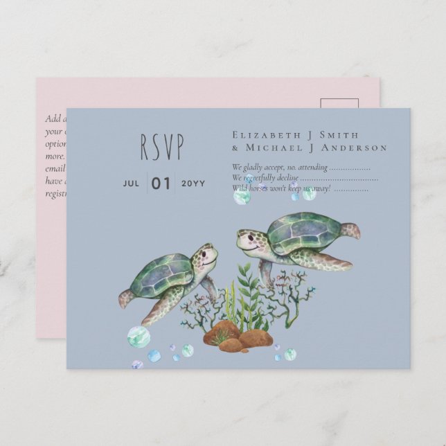 Carte Postale Mariage sur la plage des tortues marines (Devant / Derrière)