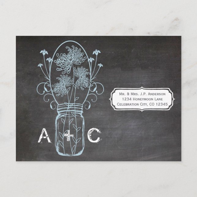 Carte Postale Mariage sur tableau noir avec pot Mason bleu clair (Dos)