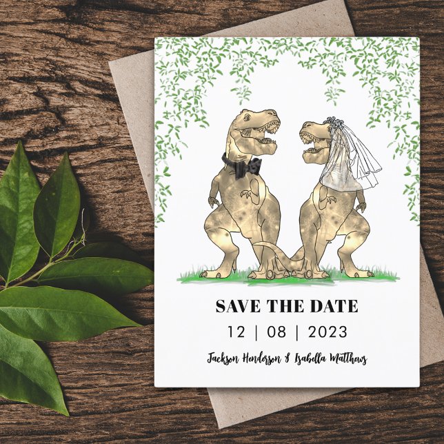 Carte Postale Mariage Thème Dinosaure Enregistrer la Date (T-Rex bride and groom funny dinosaur themed wedding save the date invitation )