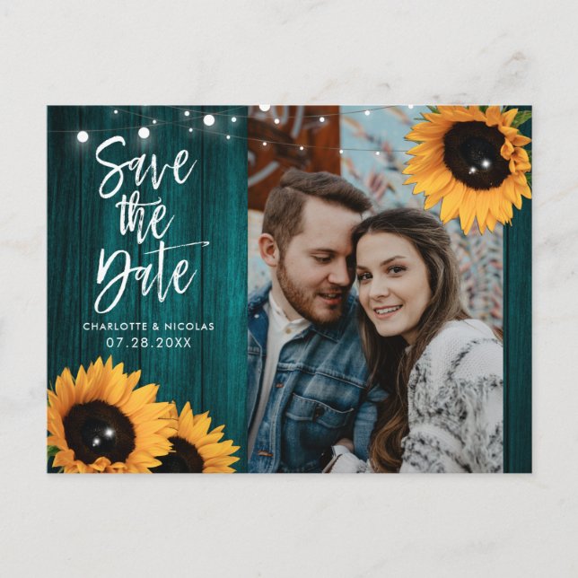 Carte Postale Mariage turquoise Tournesol Enregistrer La Date Ph (Devant)