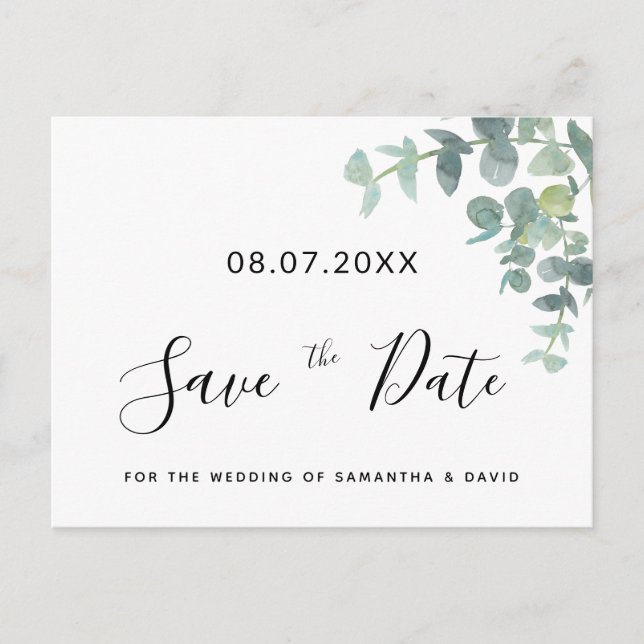 Carte Postale Mariage vert Eucaluptus enregistrer la date (Devant)