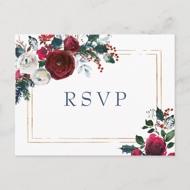 Carte Postale Mariage vert Rose d'hiver de Bourgogne RSVP (Devant)
